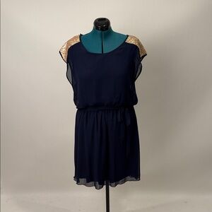 Chic Navy Dress with Gold Shoulder Details